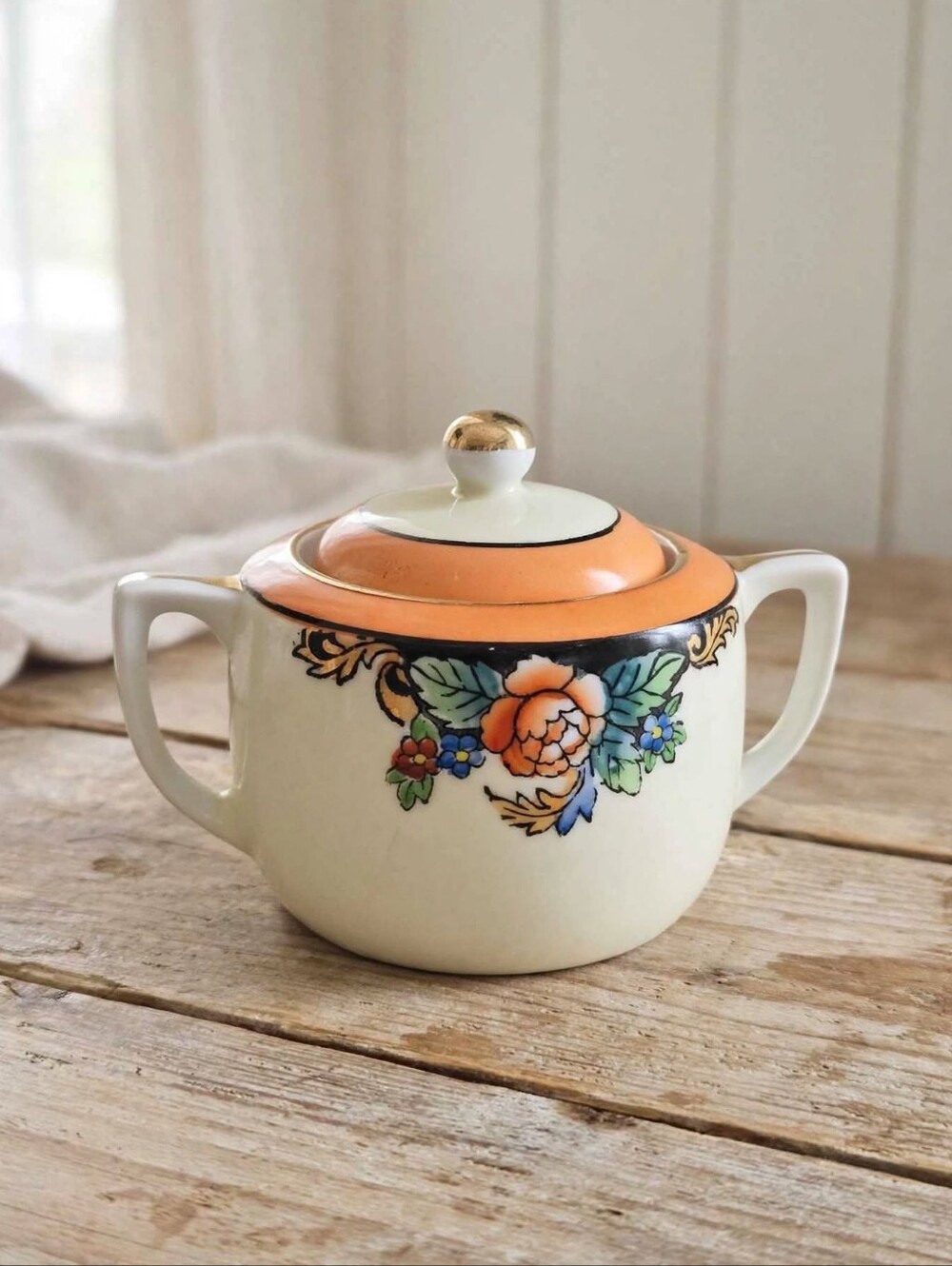 Antique Noritake Art Deco Lusterware Lidded Sugar Bowl W/ Wreath Mark 1920s